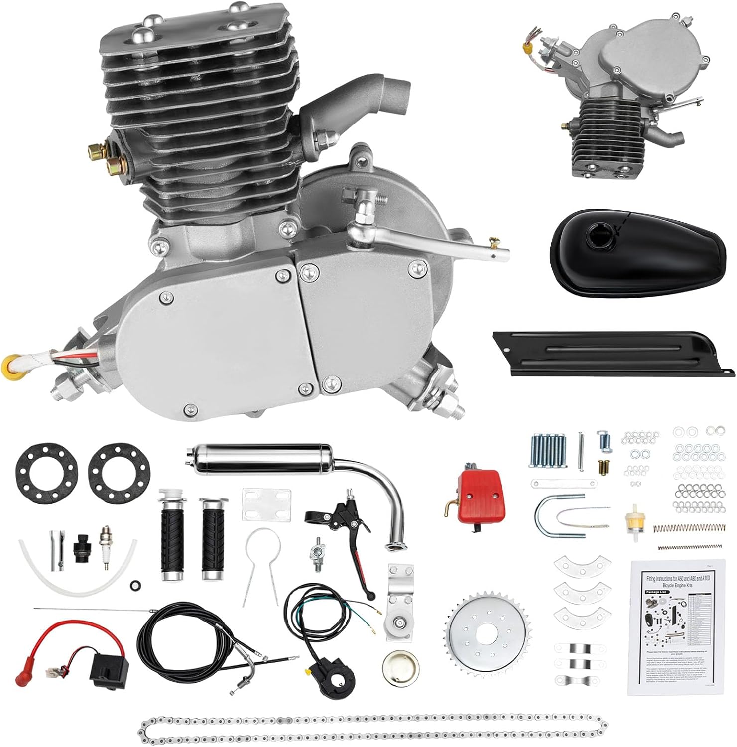 100CC Bicycle Engine Kit 2 Stroke Gas Bike Engine Kit Motorized Bike Conversion Kit for 26" 28" V Frame Bicycles, Single Cylinder Air Cooling Bike Motor Kit with CDI, 36 Teeth
