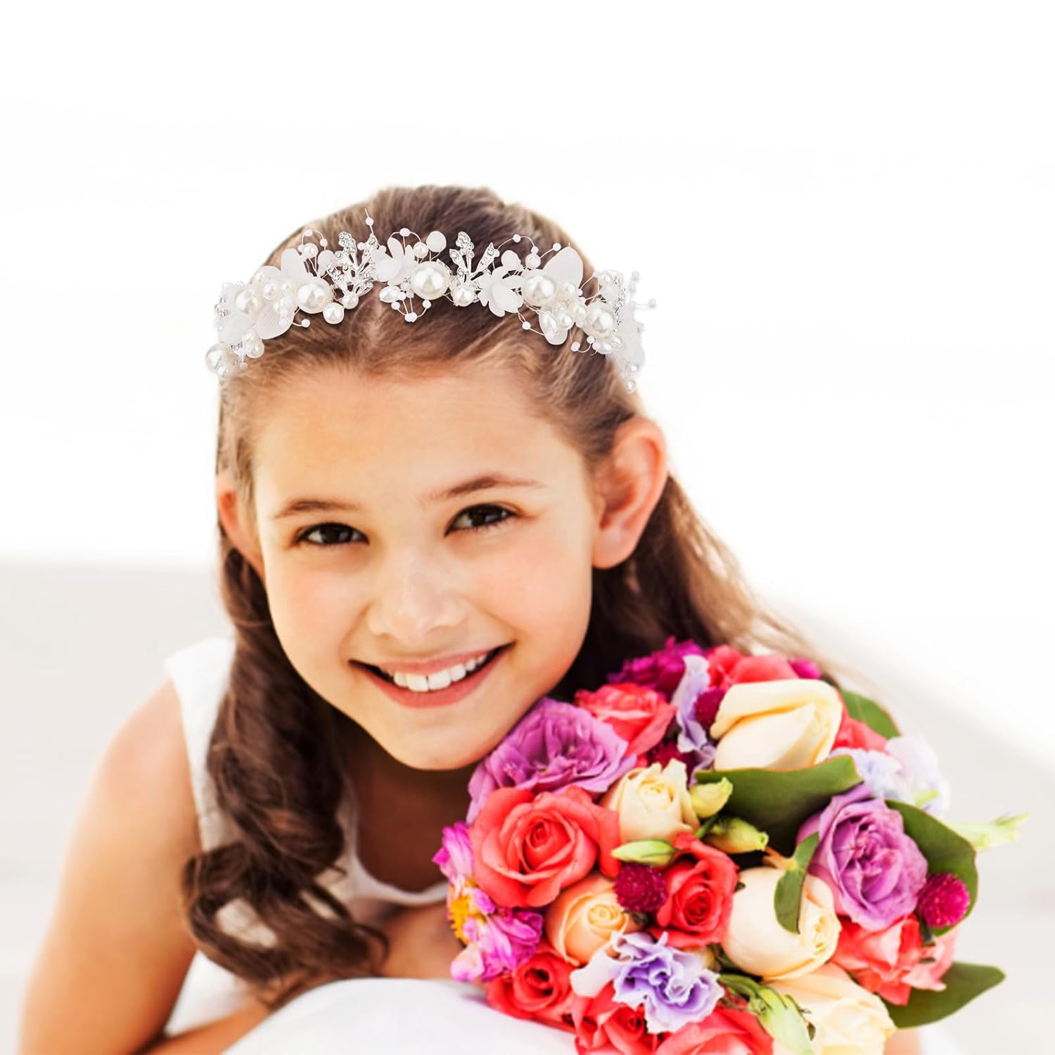 Semato Flower Girl Headpiece for First Communion Headpiece Princess Tiara Crown with Rhinestone and Pearl Headband Floral Wedding Prom for Girls and Women (Silver)