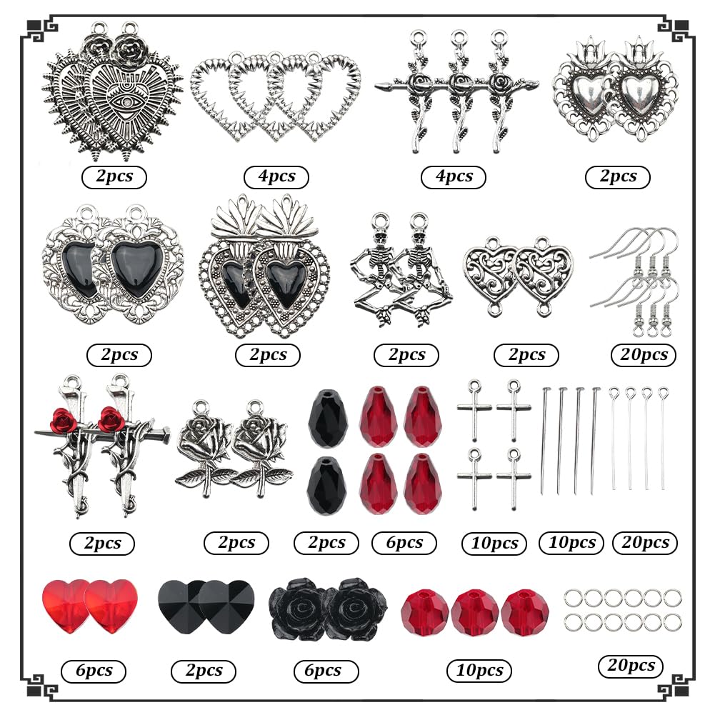 SUNNYCLUE 1 Box 10 works Halloween Earring Making Kits Gothic Heart Charms Cross Skeleton Skull Charm Rose Flower Red Black Glass Beads for jewellery Making Kits DIY Dangle Earrings Gift Supplies - Image 3