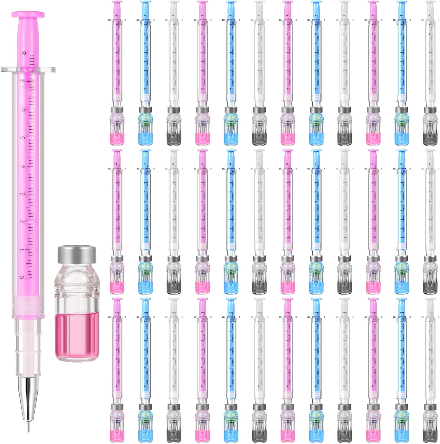 36 PCS Syringe Pen Bulk, 0.5mm Black Ink Needle Pens for Writing - 6.18in Syringe Pens for Nurses, Medical Theme Gel Pen, Office Party Favors(White, Blue, Pink)