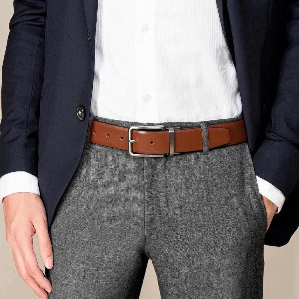 Cinturón Hombre Cuero Piel Reversible Hecho en España, Hebilla Metálica Elegante, Doble Cara Negro/Marino, Ajustable, Estilo Formal Casual para Traje, Oficina, Vaquero y Negocios
