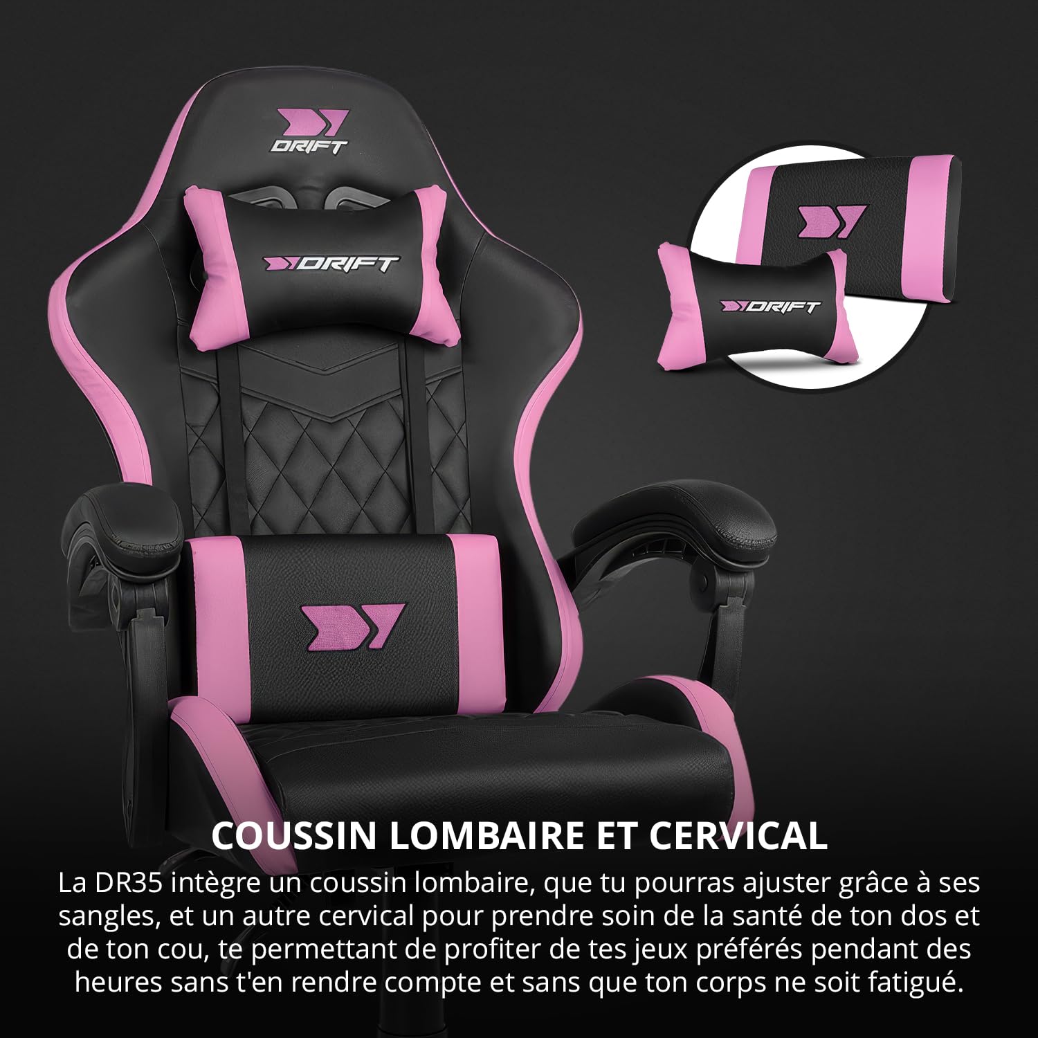 DRIFT GAMING DR35 - Chaise Professionnelle, Similicuir, Accoudoirs rembourrés, Piston Classe 3, Base en Nylon renforcé, Siège inclinable, Hauteur réglable, Coussin Lombaire/Cervical, Noir/Rose