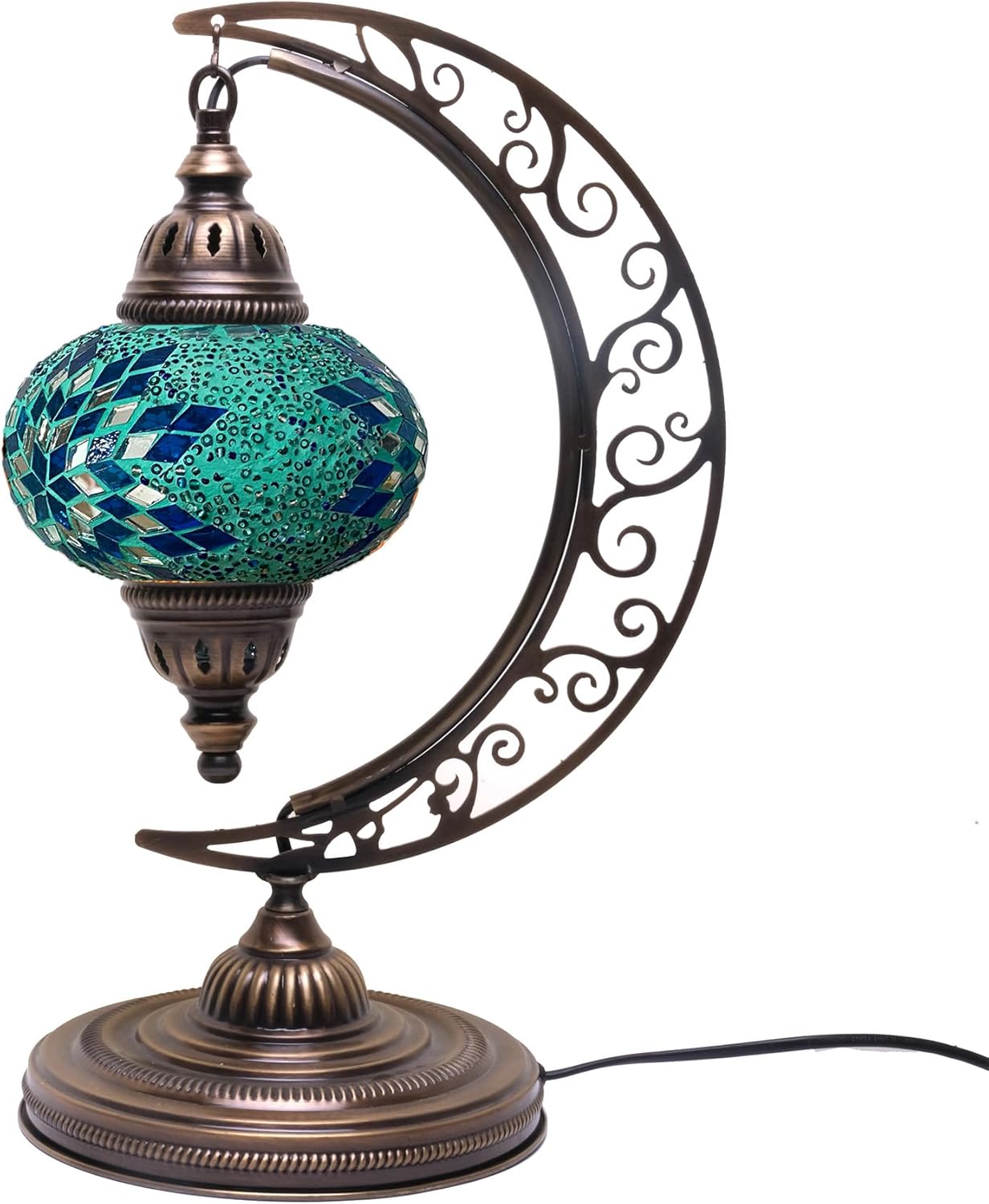 Asylove Turkish Moon Lamp, Mosaic Moroccan Table Lighting, Standing Turkish Lamp, Decor Home Floor Lighting Accessory, Total Dim. 7.5 x 11 x 18 inches (Turquoise)