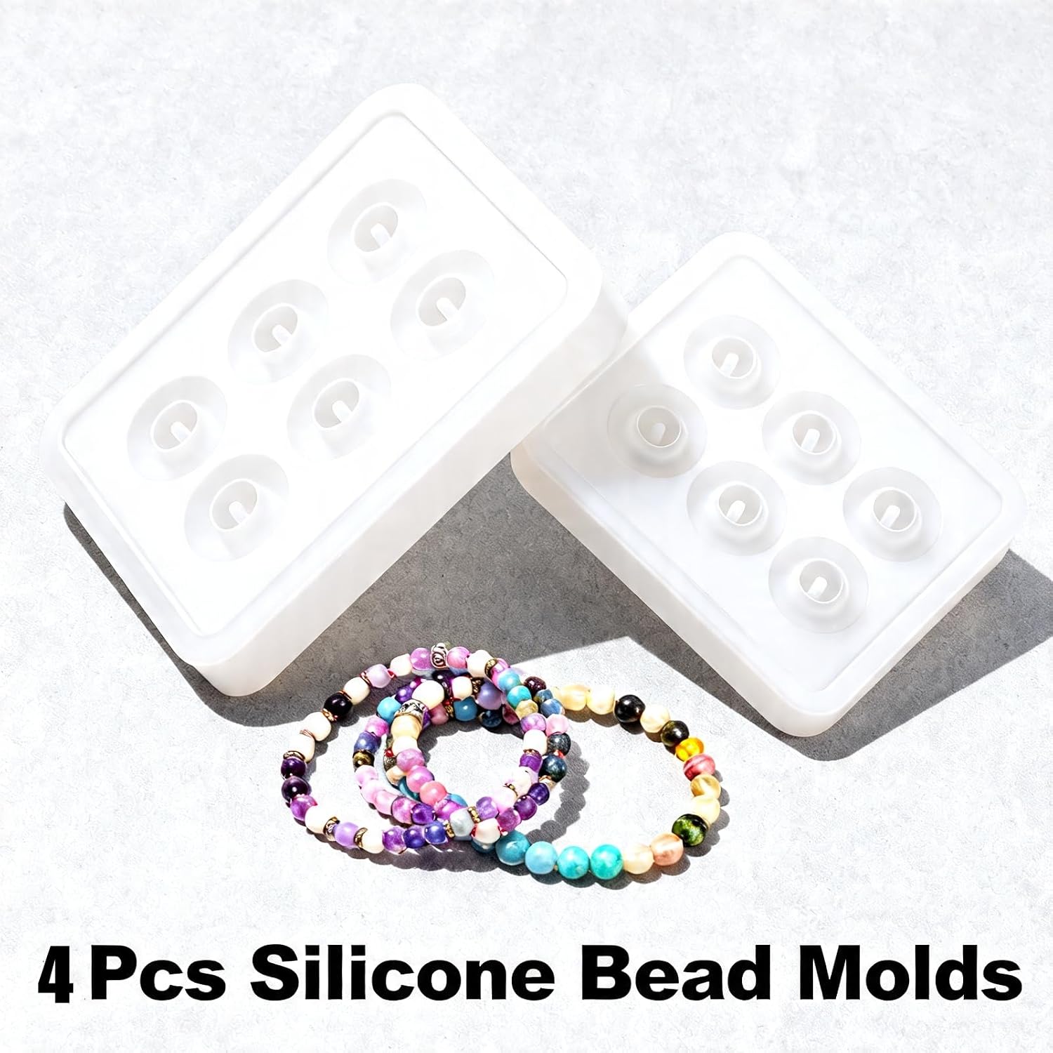 4Pcs Silicone Bead Molds with Hole Reusable Epoxy Resin Jewelry Molds for Dried Flower Inlay Bracelet Pendant Making DIY Handmade Craft Decoration and Jewelry Casting Supplies, 2 Size