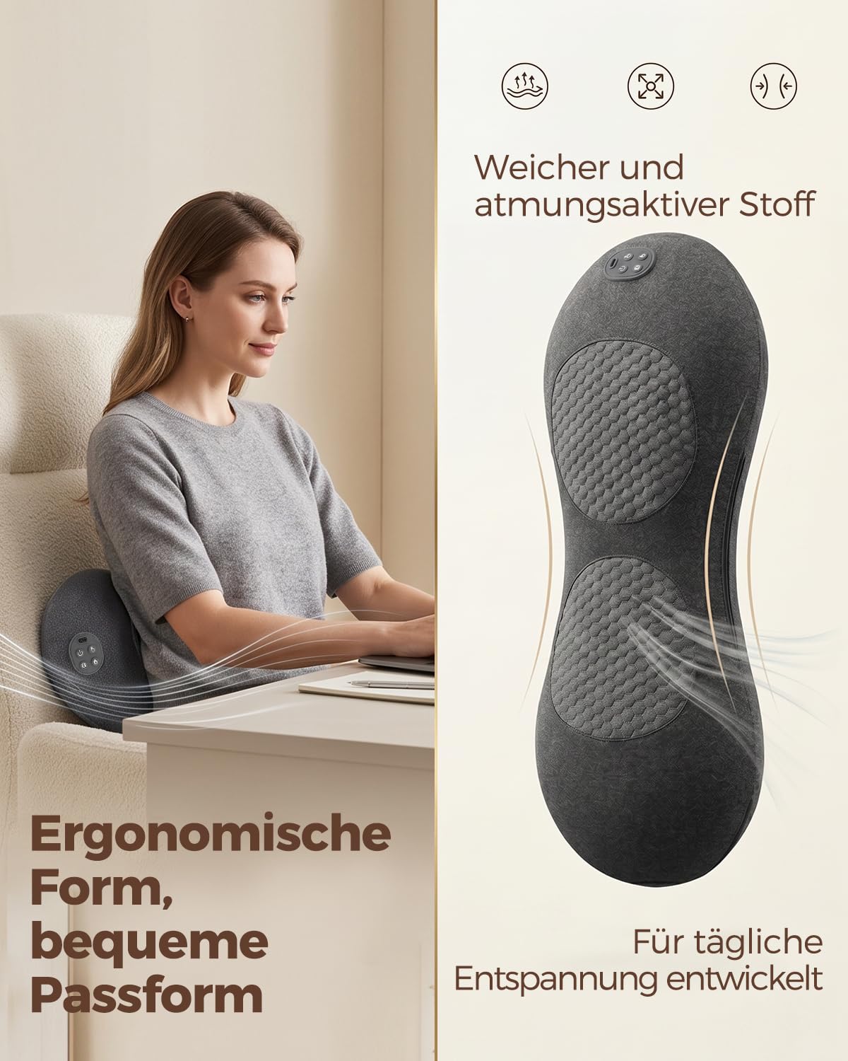 3 in 1 Rückenmassagegerät mit Wärmefunktion für Nacken & Rücken | Massagekissen mit Luftkompression, Vibration und 3 Wärmestufen; weicher Stoff, USB-C Laden für Schultern und Rücken