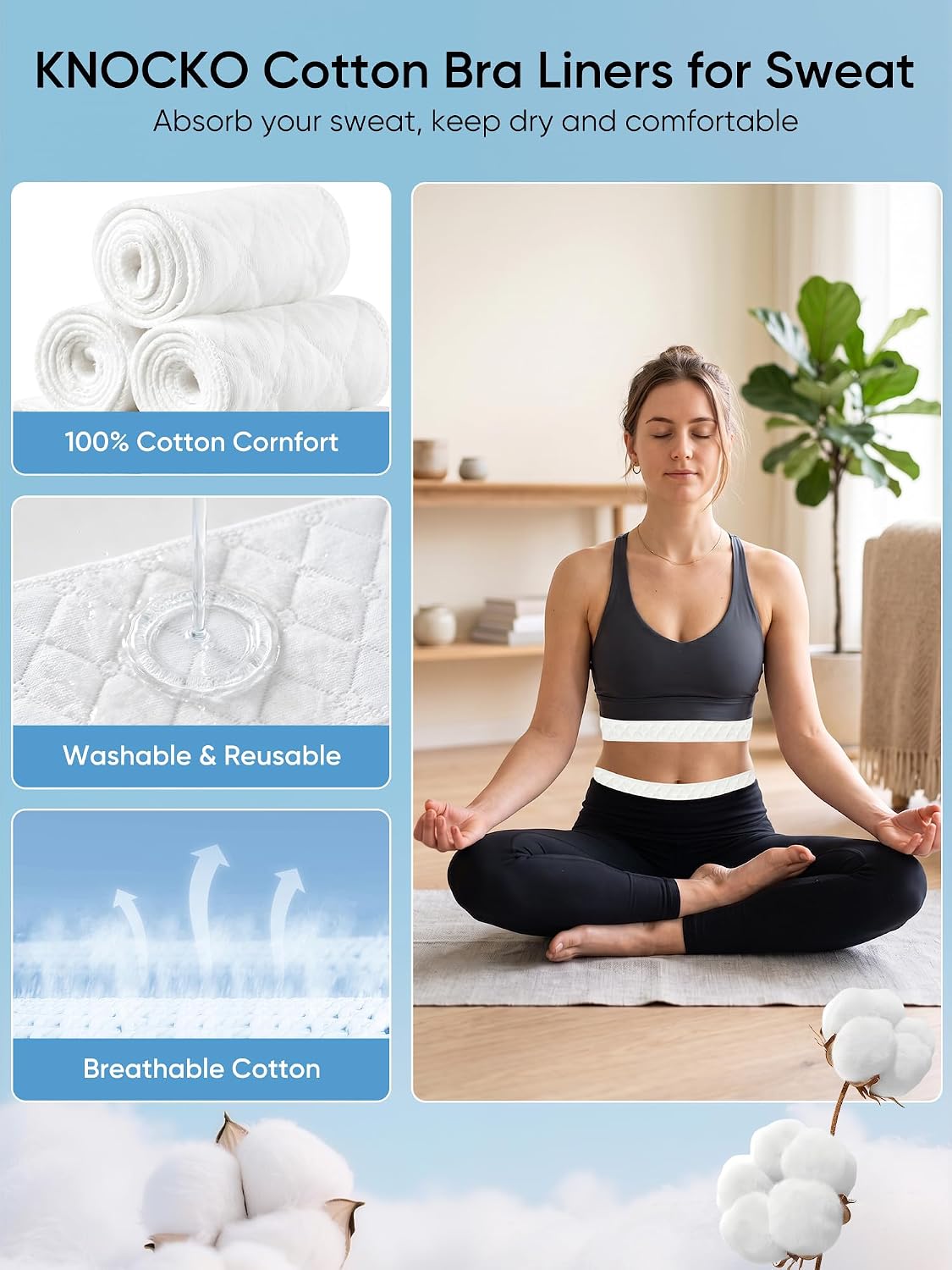 20PCS Cotton Bra Liners to Absorb Sweat Under Breast, Unisex, 25.59×3.94in
