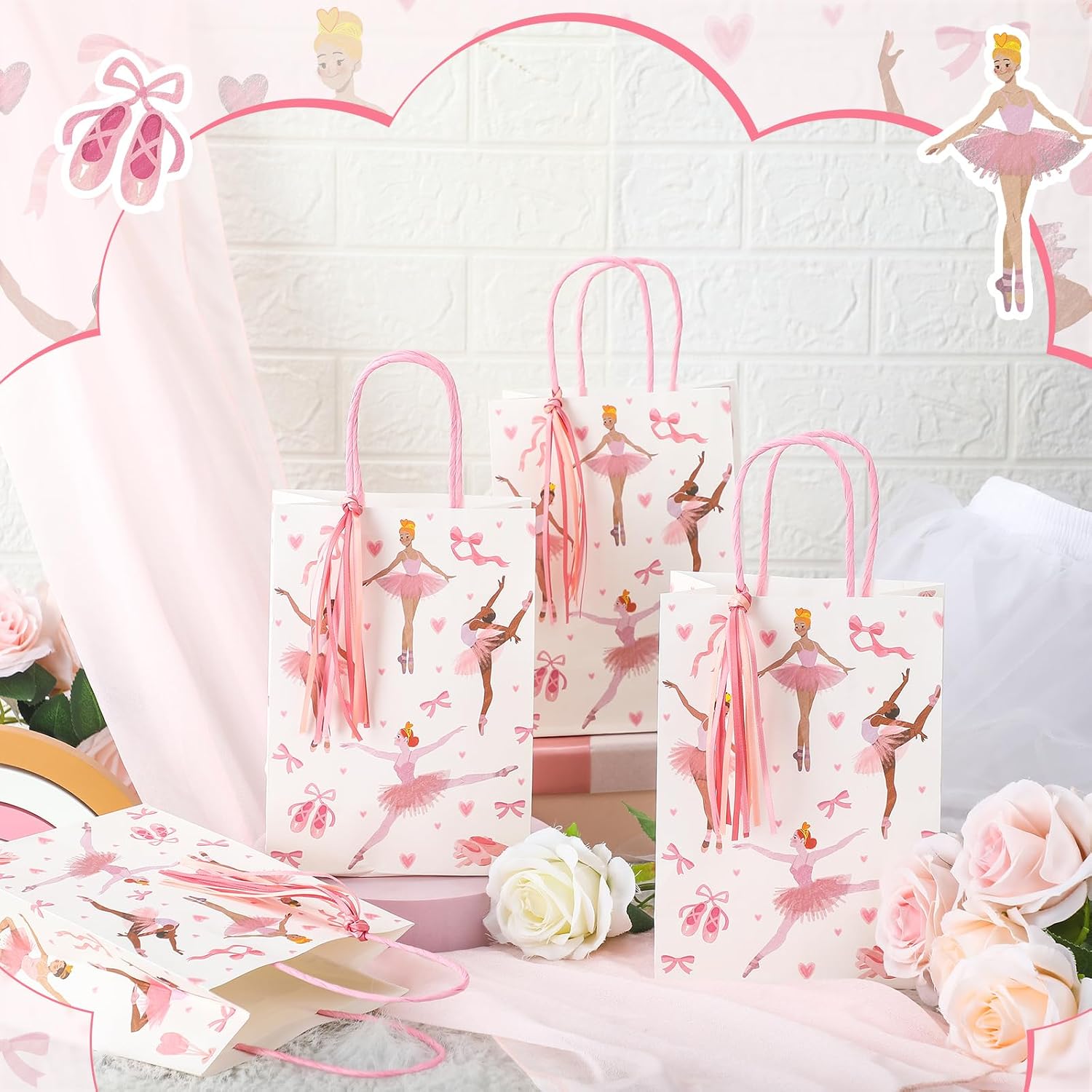 Ctosree24 Sets Ballerina Gift Bags with Ribbon Ballerina Birthday Party Decoration Ballerina Party Favor Goodie Bags Dancing Party Supplies Ballet Birthday Party Boxes for Baby Shower Party