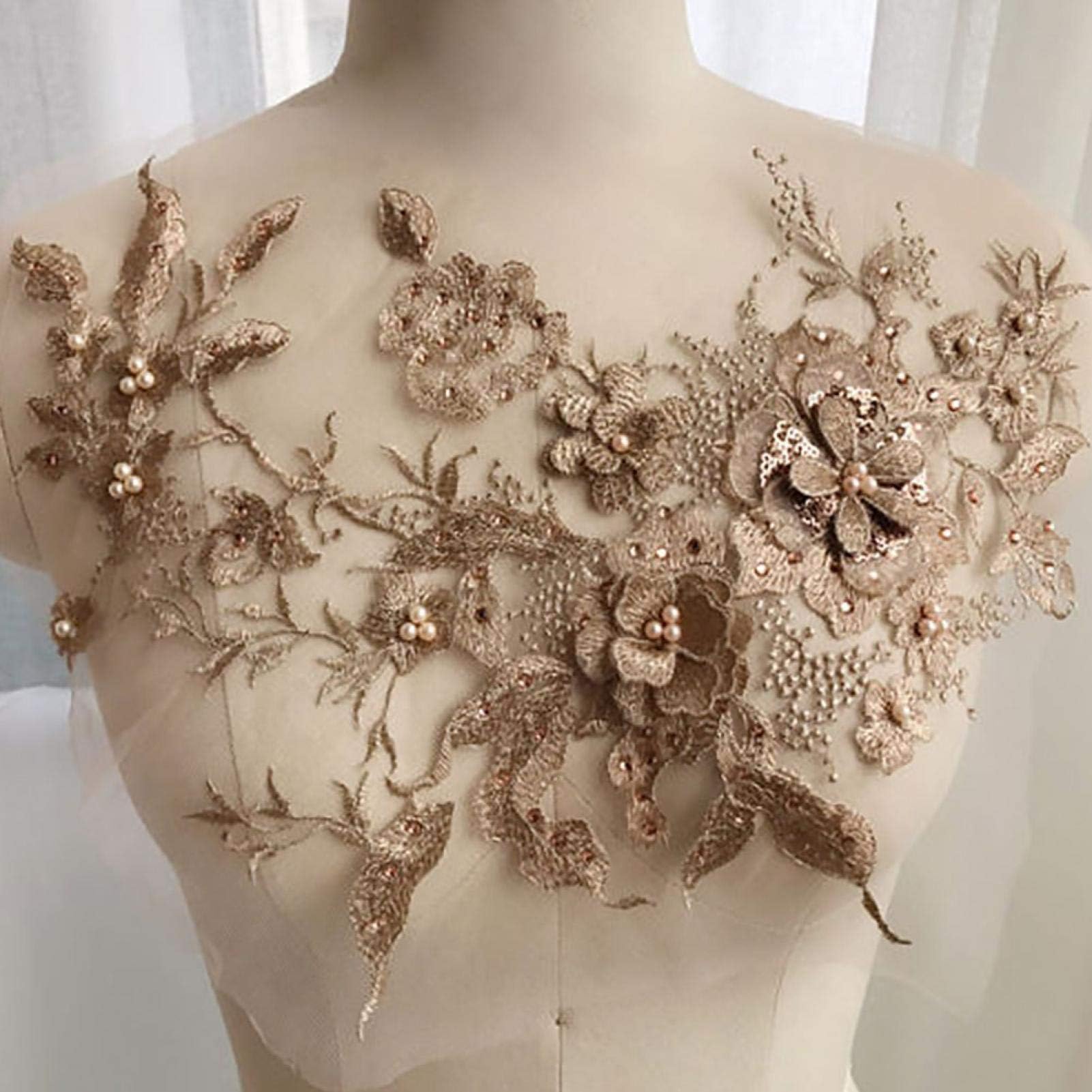 MOVKZACV Embroidery Applique Beaded Flowers Wedding Dress Home Decoration Patches Sticker DIY 3D Accessories Bridal Pearl Rhinestone Handmade Sewing Tool for Clothes Tulle Lace Fabric