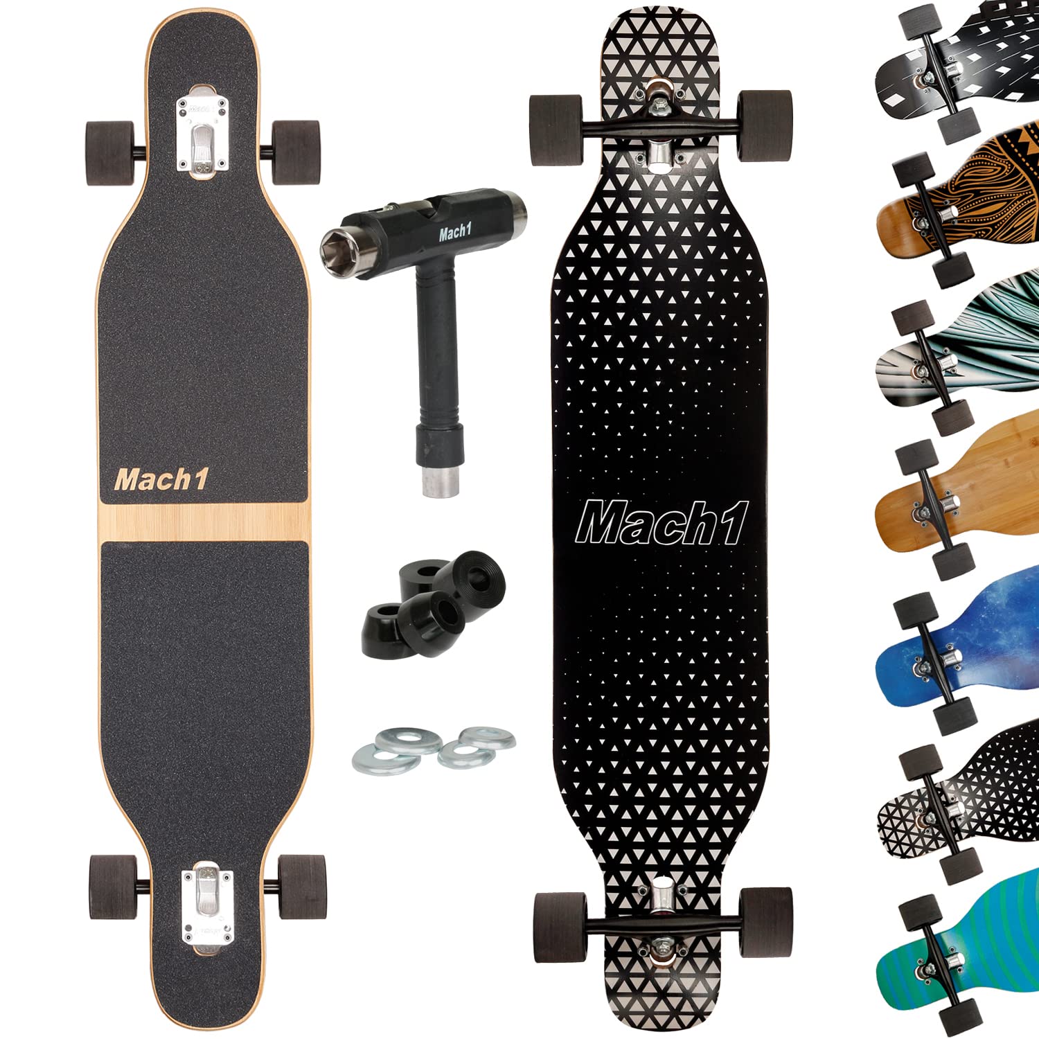 Mach1 Longboard con rodamientos de cerámica + herramienta T – Monopatín Drop Through Cruiser completo (Triangle)