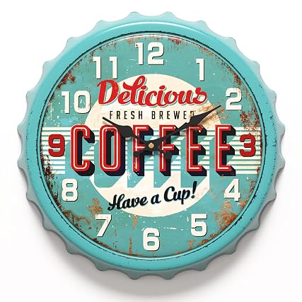 Menterry Bottle Cap Design Iron Retro Wall Clock, 13 inch Vintage Style, Silent Non Ticking Battery