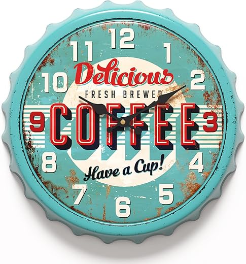 Menterry Bottle Cap Design Iron Retro Wall Clock, 13 inch Vintage Style, Silent Non Ticking Battery
