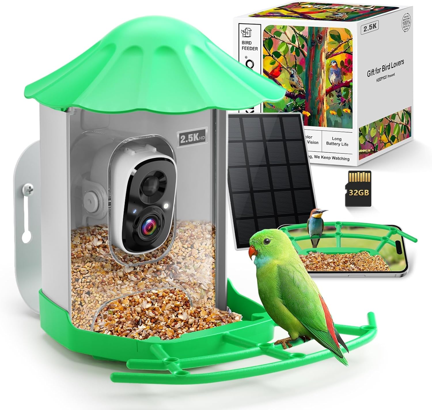 2.5K HD Smart Bird Feeder with Camera for Outdoors Solar Powered, Includes 32GB SD Card, AI Bird Species Identification Video, Instant Arrival Alerts,Wireless 2.4Ghz WiFi,Ideal Gift (Light Green)
