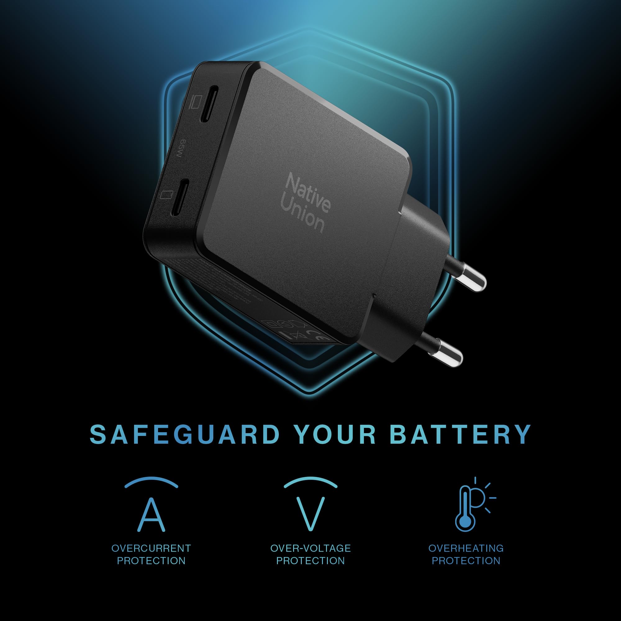 Native Union Chargeur GaN Pocket PD 65W – Chargeur Rapide Double USB‑C Ultra‑Fin – Jusqu’à 65W – idéal Voyage MacBook, PC Portables, iPad, iPhone (Noir)