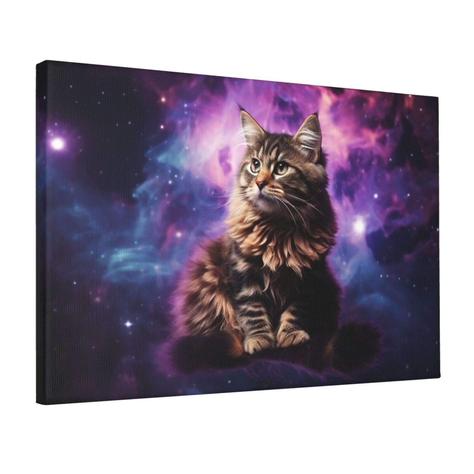 KLOPH Cat sitting inside nebula Canvas Wall Art for Living Room 12"x18" Modern Artwork Painting for Bathroom Hanging Canvas Prints Aesthetic Wallart for Bedroom Kitchen Office Wall Decor