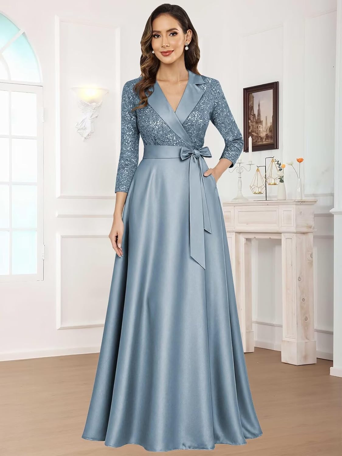Sequin Satin Mother of The Bride Dresses for Women 3/4 Sleeves V Neck Long Formal Wedding Guest Dresses with Pockets - Image 2