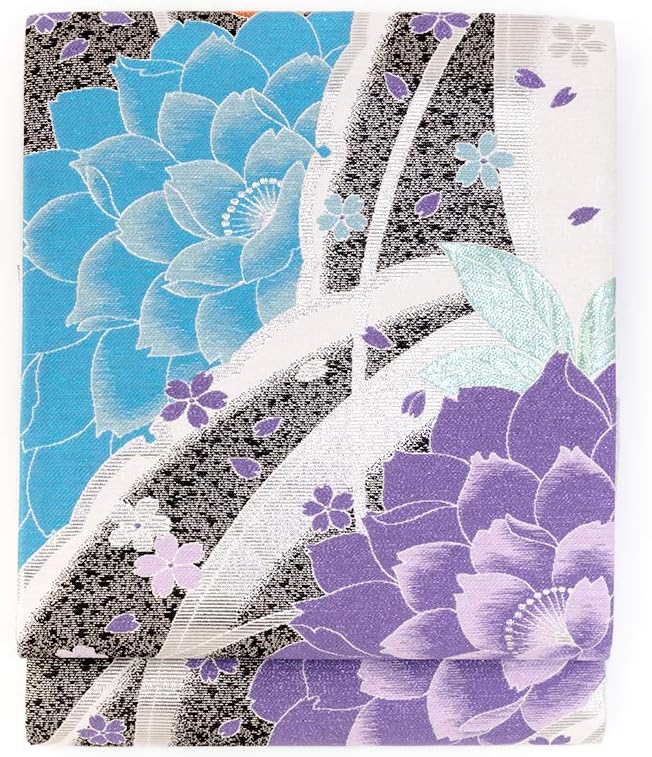 [SOUBIEN] (ソウビエン) 袋帯 未仕立て 佐々木染織謹製 銀色 シルバー 水色 紫色 黒 花 西陣織 証紙 2219 長尺