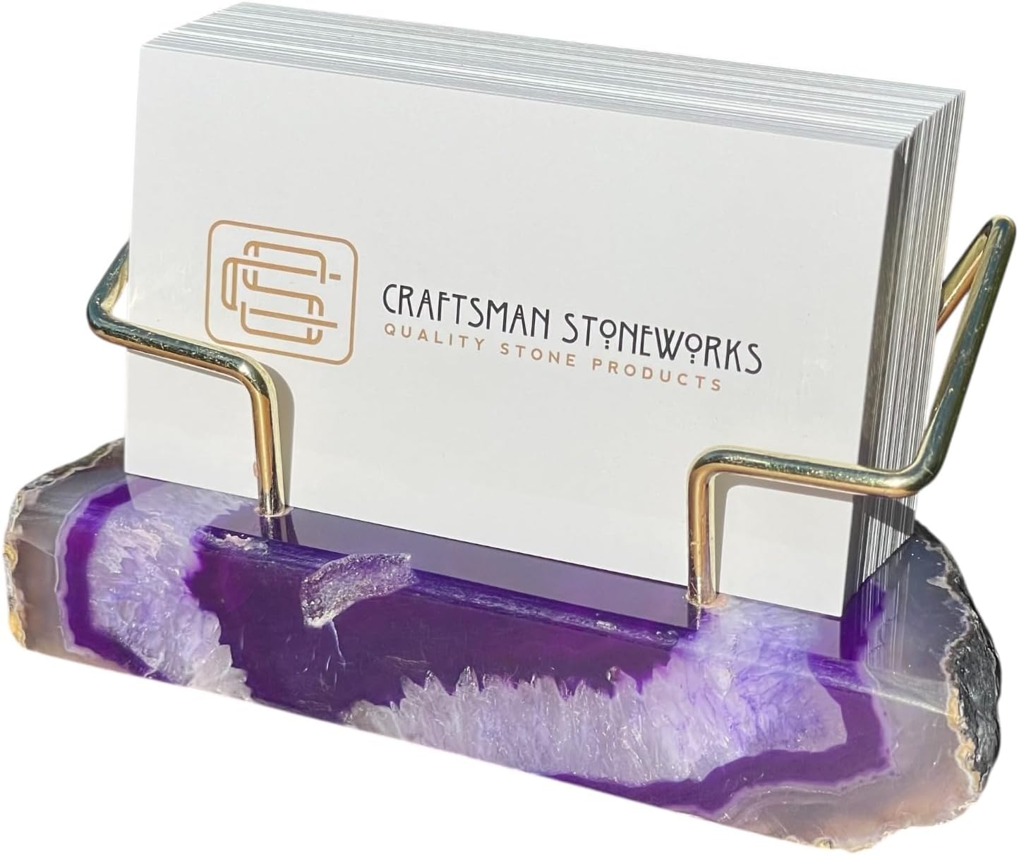 Dyed Agate Business Card Holder - Premium Purple Agate Desk Display Stand with Gold Wire Holder for Professional Office Organisation - Holds up to 70 Cards (Purple, Medium)