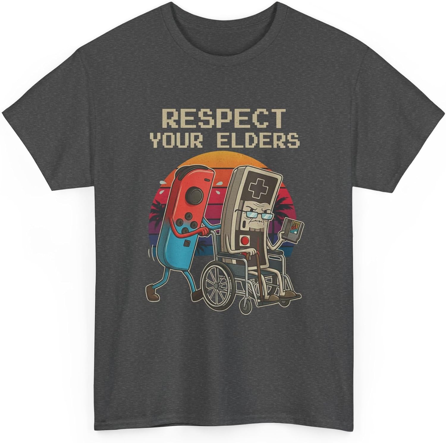 Respect Your Elders Funny Retro Gaming Controller Graphic 8-Bit Pixel Art Humor Dark Heather