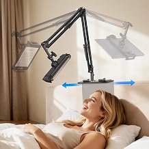 Phone Holder for Bed & Tablet Holder for Bed, Overhead Cell Phone Mount, Adjustable 360 Rotatable Metal Kindle Holder Stand for iPad Pro Air Mini, iPhone17/16, Kindle Other 5-12.9 Inch Devices