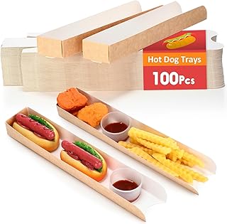Layhit 100 Pcs Hot Dog Trays Disposable 11.8 x 2 x 1.2 Inch Open Hot Dog Containers Brown Kraft Paper Serving Trays HotDog Holder for Nachos Tacos Fries BBQ Festivals Party Greaseproof (Brown)
