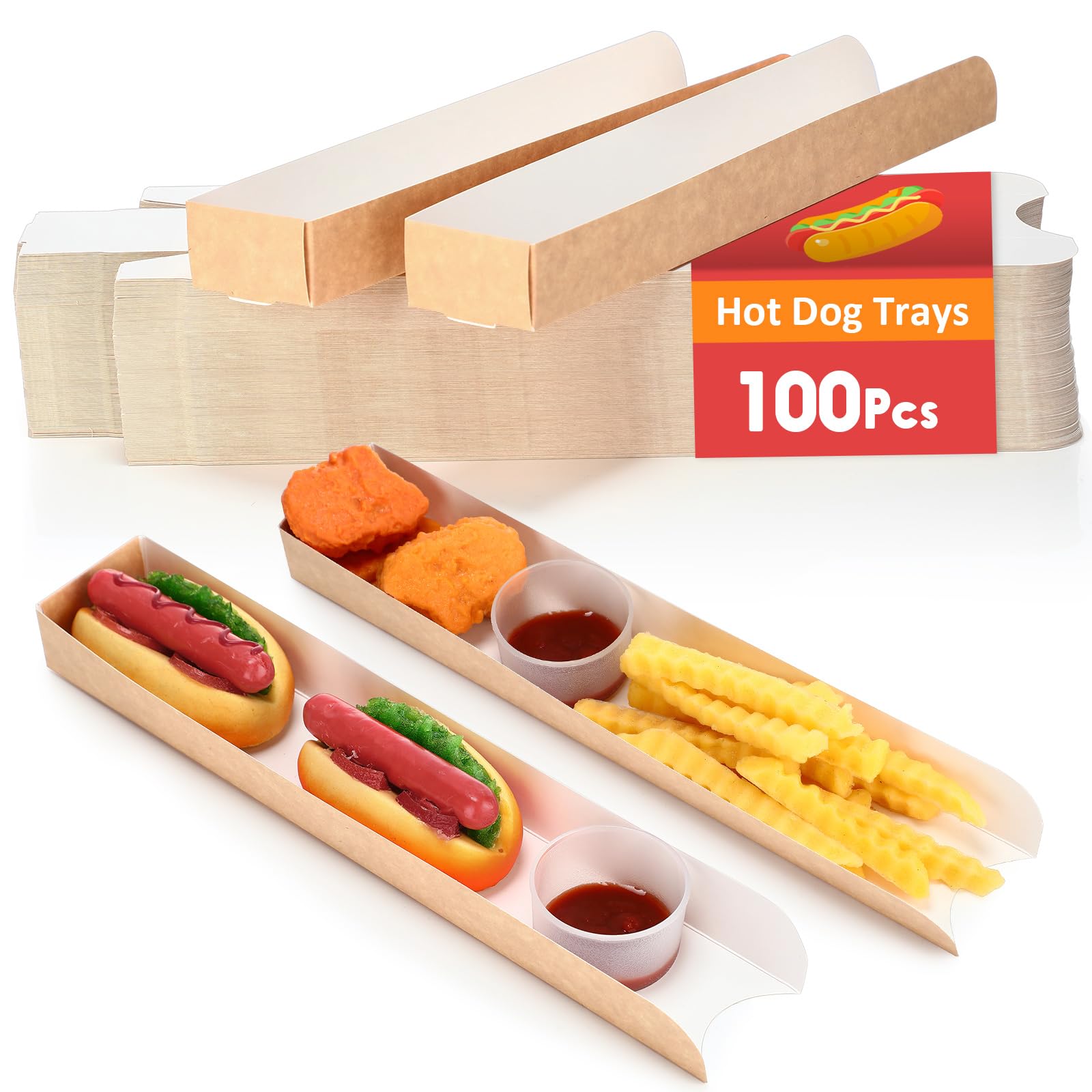 Layhit Lot de 100 plateaux jetables en papier kraft marron pour hot-dog - 30 x 5 x 3 cm - Pour nachos, tacos, frites, barbecues, festivals, fêtes (marron)