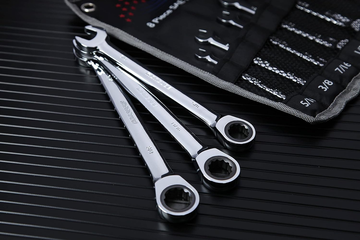 ironcube Ratcheting Wrench Set, 8-piece, SAE Wrench Set 5/16" to 3/4", 72-Teeth Gear CR-V Steel Mirror Polished, with Carrying Bag For Auto Repair