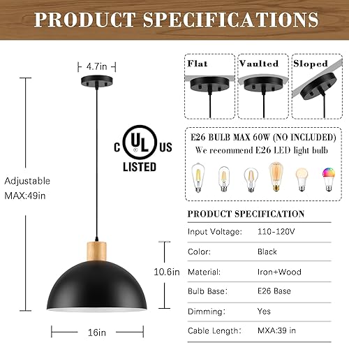 Miniatura 6 de Lámpara Colgante de Madera Maciza Negra, Luminarias de Lámparas Colgantes Modernas Negras Mate de 16 Pulgadas, Iluminación Colgante Ajustable Estilo