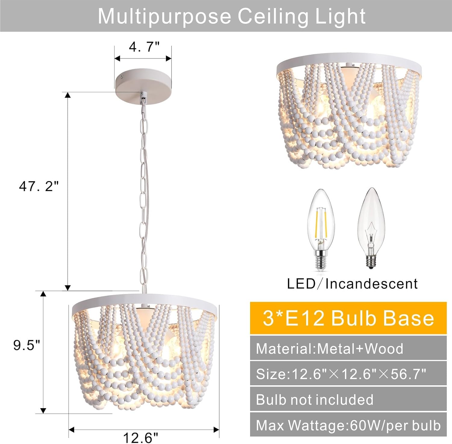 Farmhouse Boho Flush Mount Ceiling Light,3-Light White Wood Bead Chandeliers,Bohemian Hanging Pendant Lighting Fixture for Bedroom,Living Room,Entryway,Hallway
