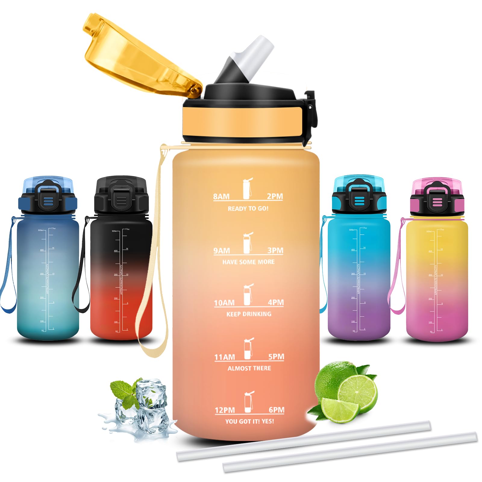 Mujigaga Water Bottle - 0.5 Litre - Kids Water Bottle with Straw, Leakless, Motivational Water Bottles, Wide Mouth, with Safety Closure, for School, Running, Work, Picnic