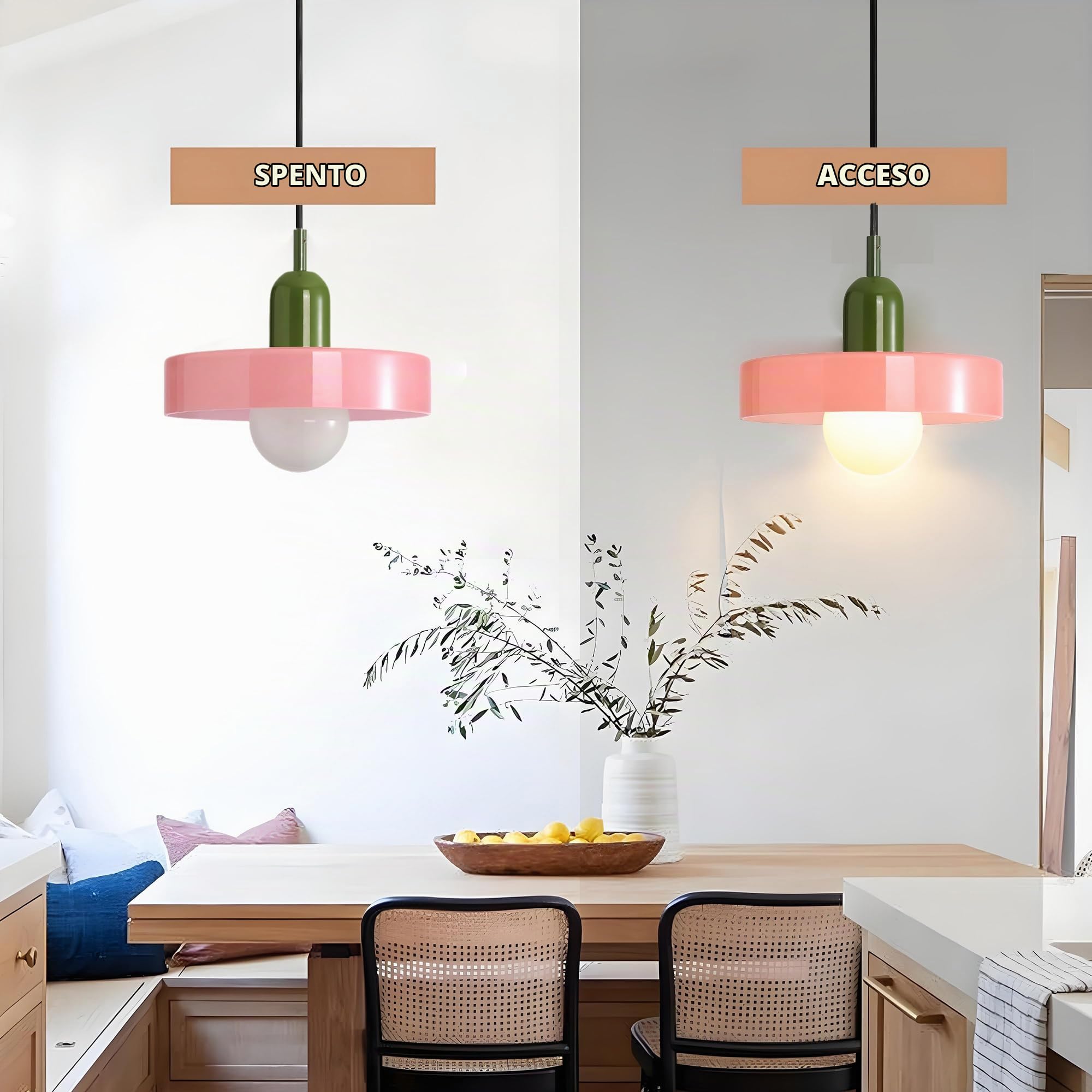 25cm Lampada a Sospensione Moderna in Vetro Rotondo, Base E27, Regolabile in Altezza, Lampadario Sospeso da Soffitto per Cucina, Sala da pranzo, Camera da letto (Rosa)