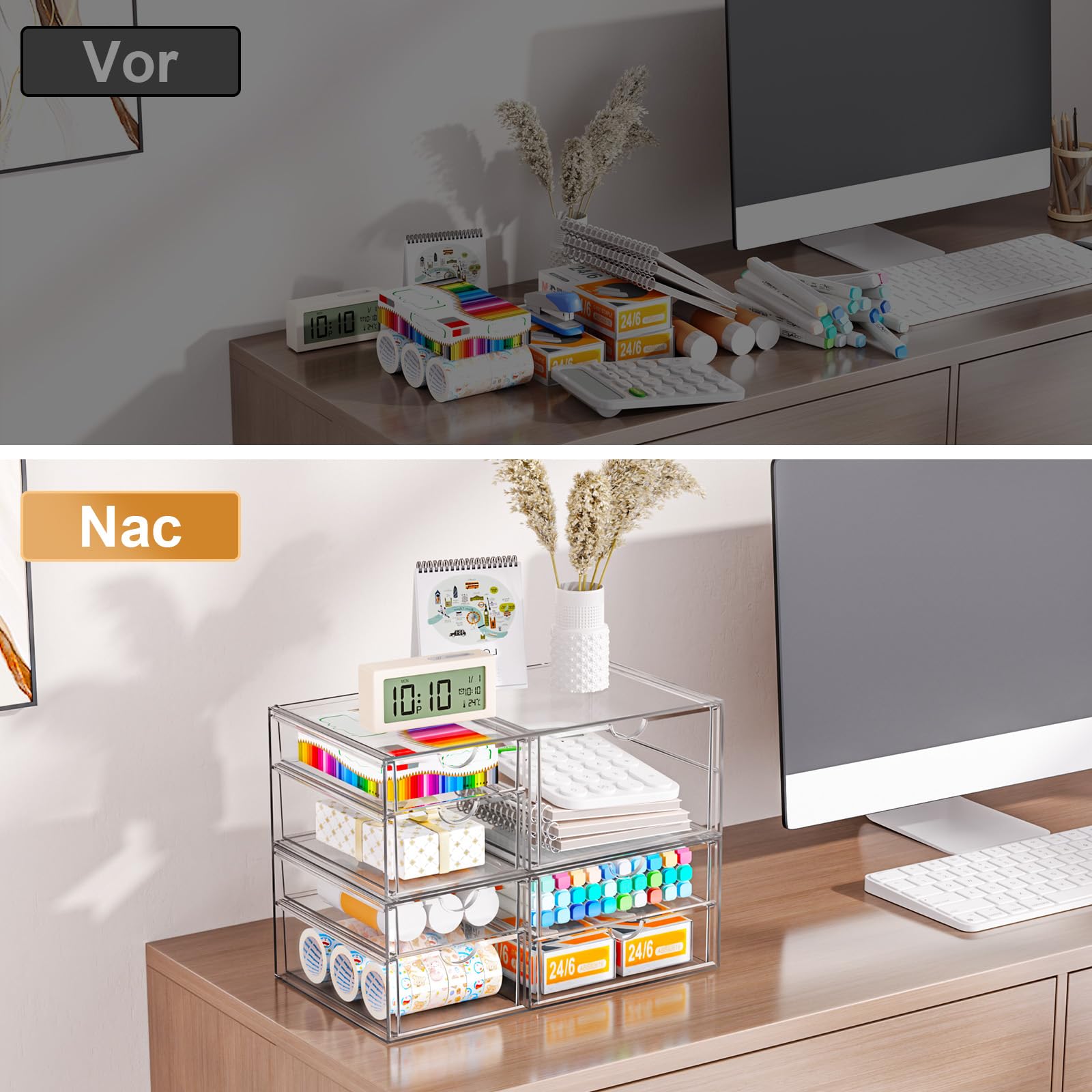 Schreibtisch-Organizer mit 7-Schubladen, 2er Stück Schubladenbox, Durchsichtige Acryl Büro Organizer, Make-up-Organisator, Aufbewahrung für Bürobedarf, Schmuck, Stifte & Schreibwaren