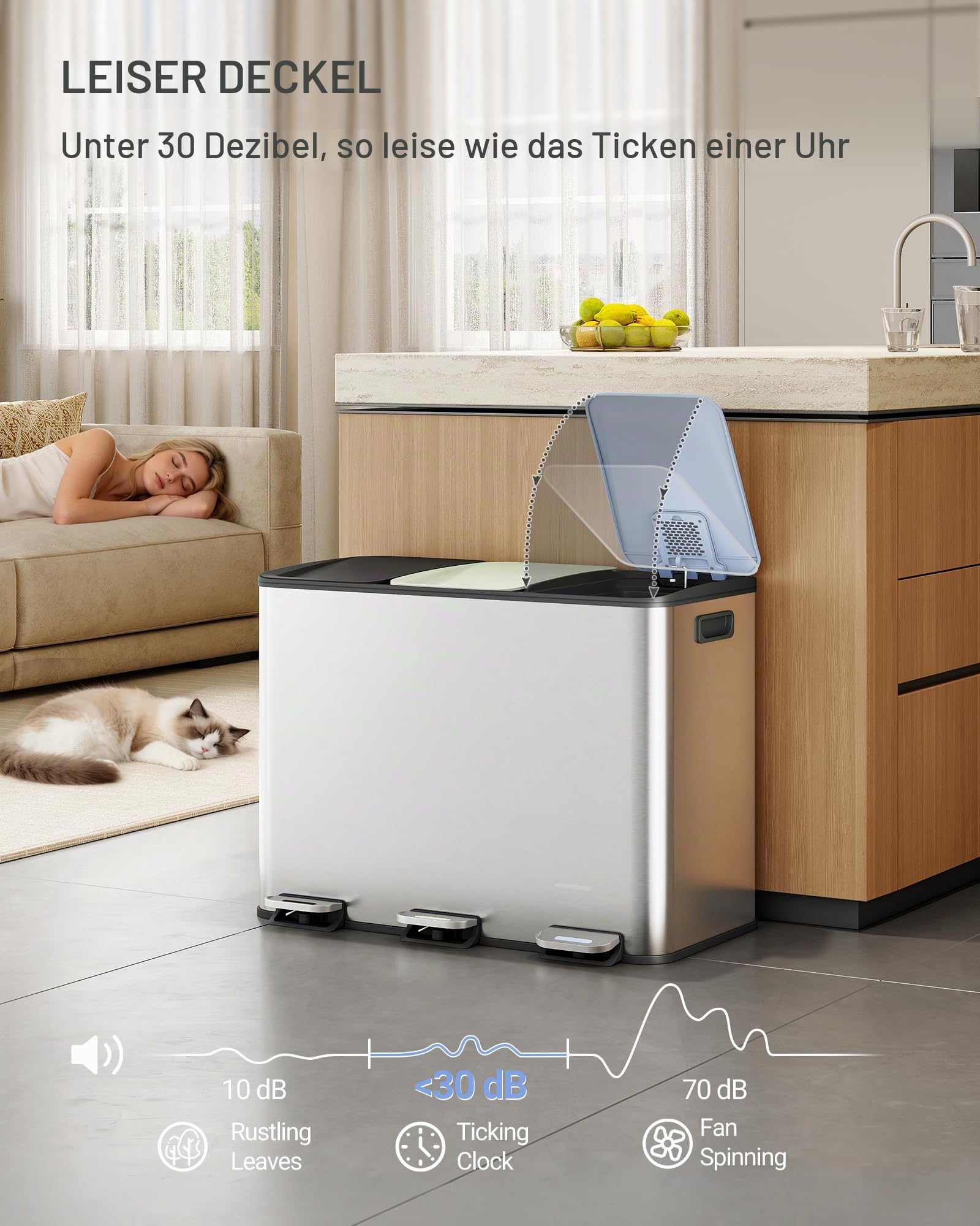 Hzuaneri Mülleimer Küche, 3 x 18 L, Mülltrennsystem 3 Fächer, Mülleimer mit Farbigem Soft-Close-Deckel und Pedal, Küchenabfalleimer mit Inneneimer, Stahl, inklusive 15 Müllbeuteln, Silber SW31899E