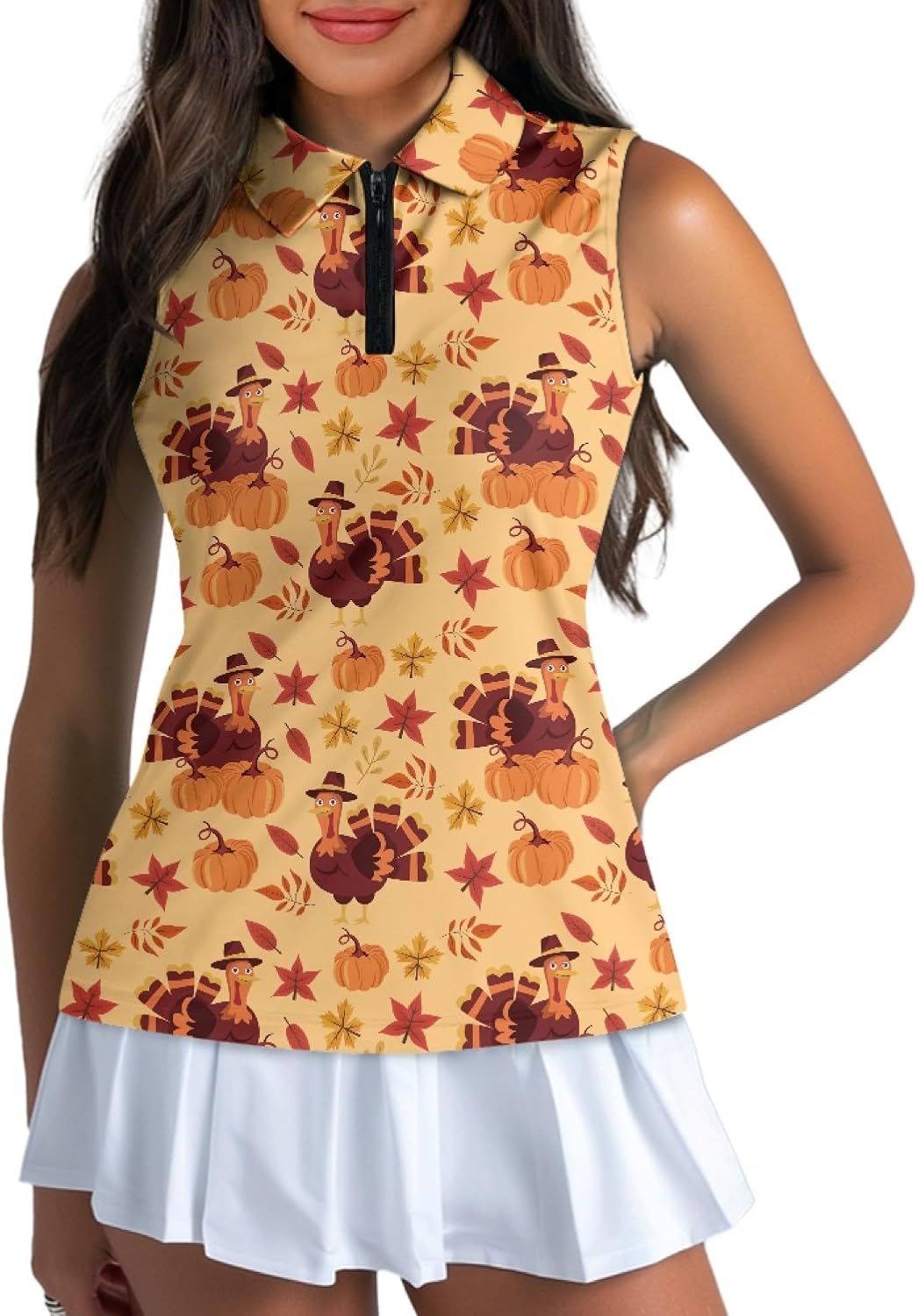 GULANGYU Fall Maple Leaf Print Women's Sleeveless Golf Polor Shirt 1/4 Zip Workout Tennis Tank Top