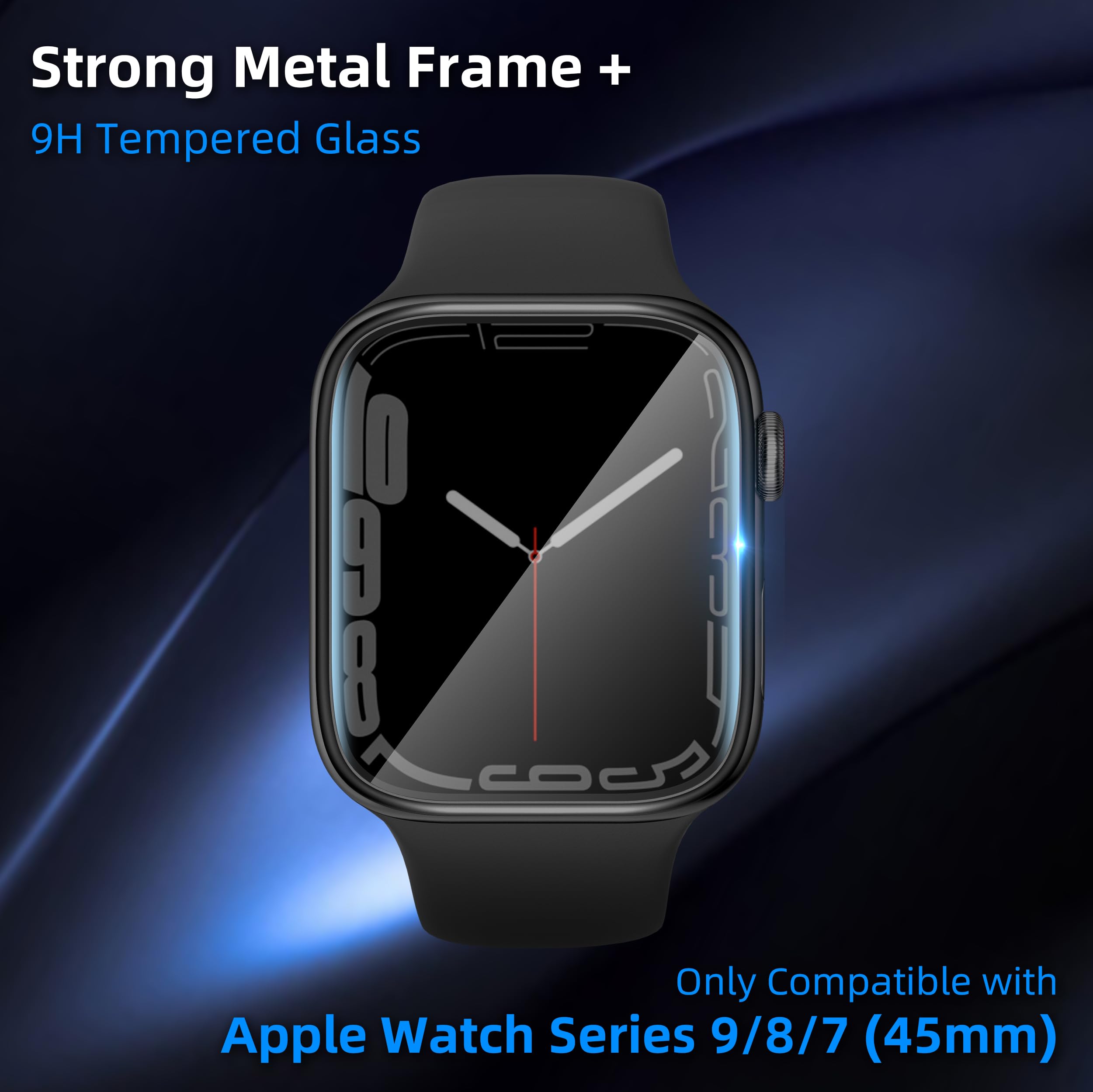 SWUU Paquete de 2 protectores de pantalla de vidrio templado con marco de metal compatibles con Apple Watch Series 9, 8, 7, 45 mm, marco de fácil instalación, película impermeable para iWatch 9, 8, 7,