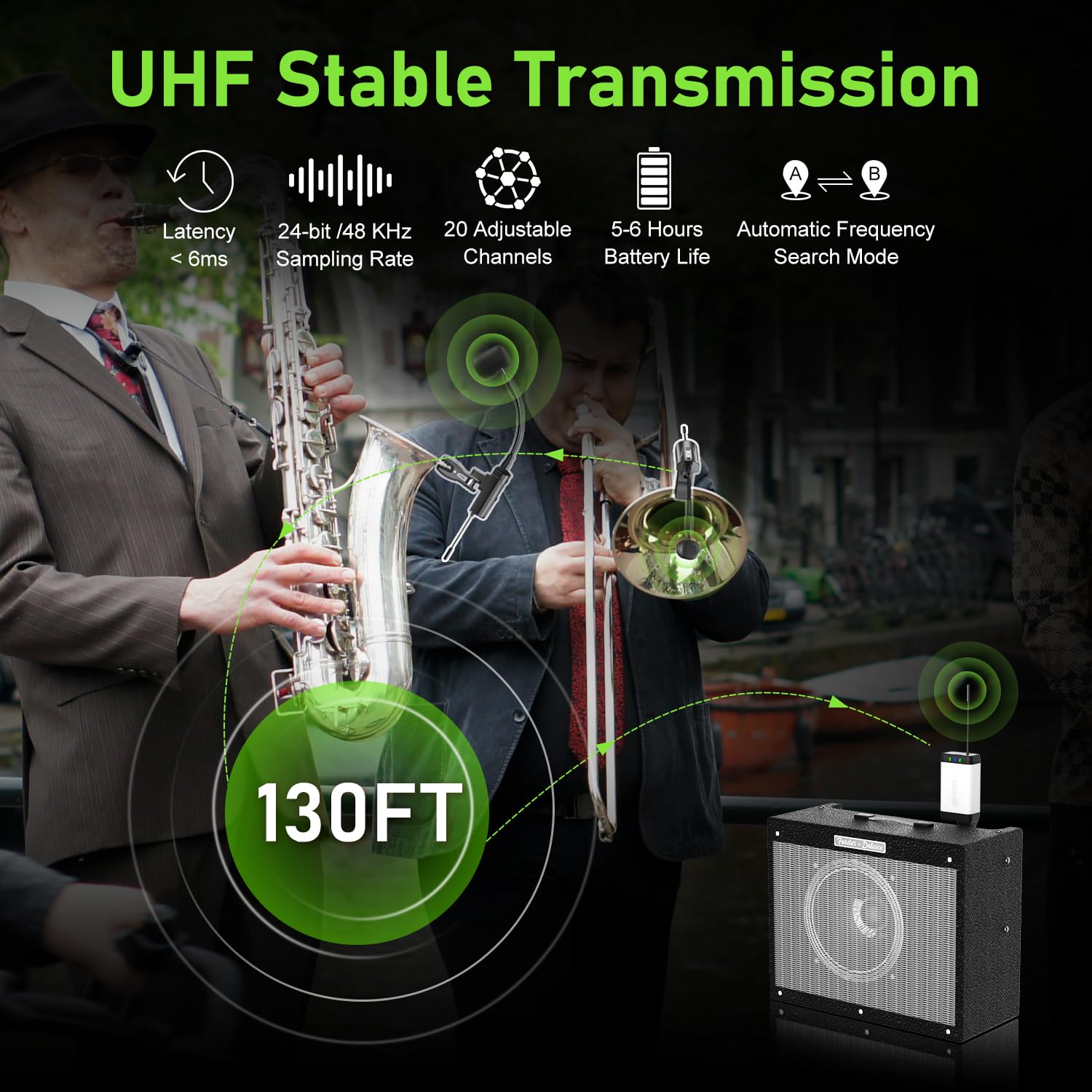 Doppio Microfono Wireless per Sassofono UHF per Strumento con Condensatore UHF, Microfono a Clip con 1 Ricevitore e 2 Trasmettitori, per Sassofono, Corno Francese, Tromba, Trombone, Q2/ST-5