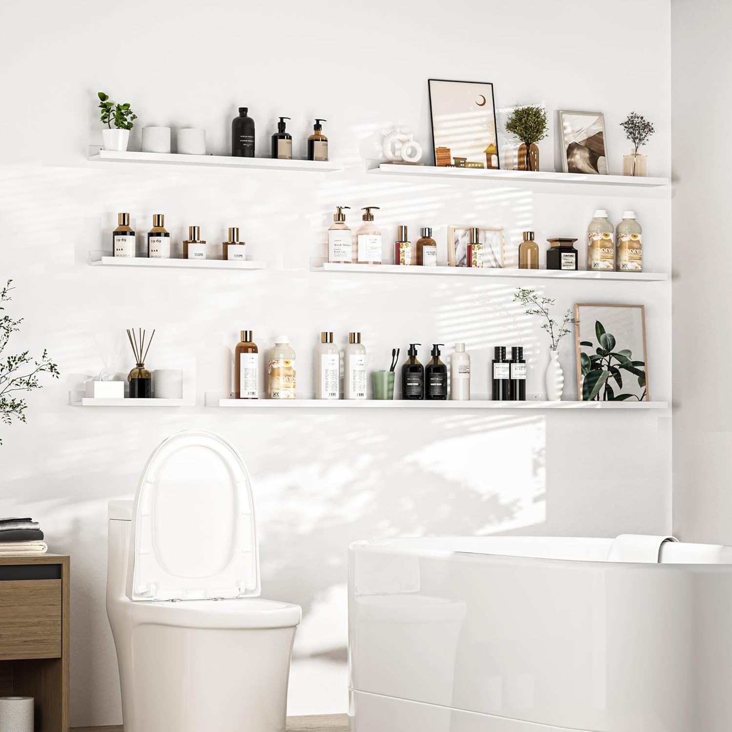 Heimlove Picture Ledge Shelf, Small Floating Shelves Set of 2, 16 Inches Picture Shelf for Wall with Ledge, Kids Bookshelf Wall Mounted for Living Room Bedroom Decor Books Photo Frames, White