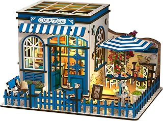 DIY Miniature Dollhouse Kit with Touch LED Light, 3D Wooden Puzzle Santorini Cafe Model, Creative Ocean Style Building Set, Arts and Crafts Gift for Adults (317 Pcs)