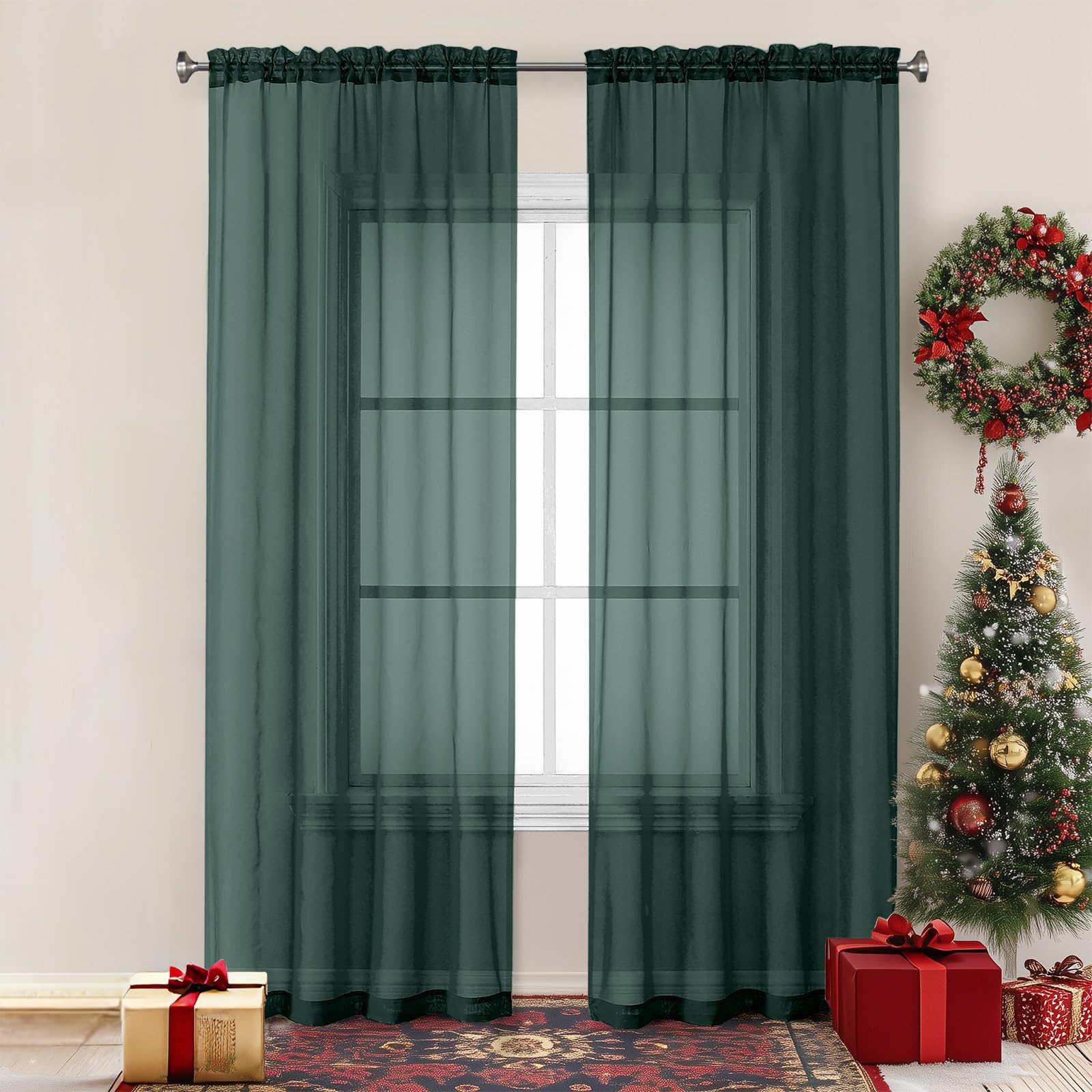 Chyhomenyc Hunter Green Sheer Curtains 84 inches Long 2 Panels Set, Light Filtering Rod Pocket Emerald Voile Sheer Drapes for Living Room Bedroom, 2PCS, Each 42W x 84L