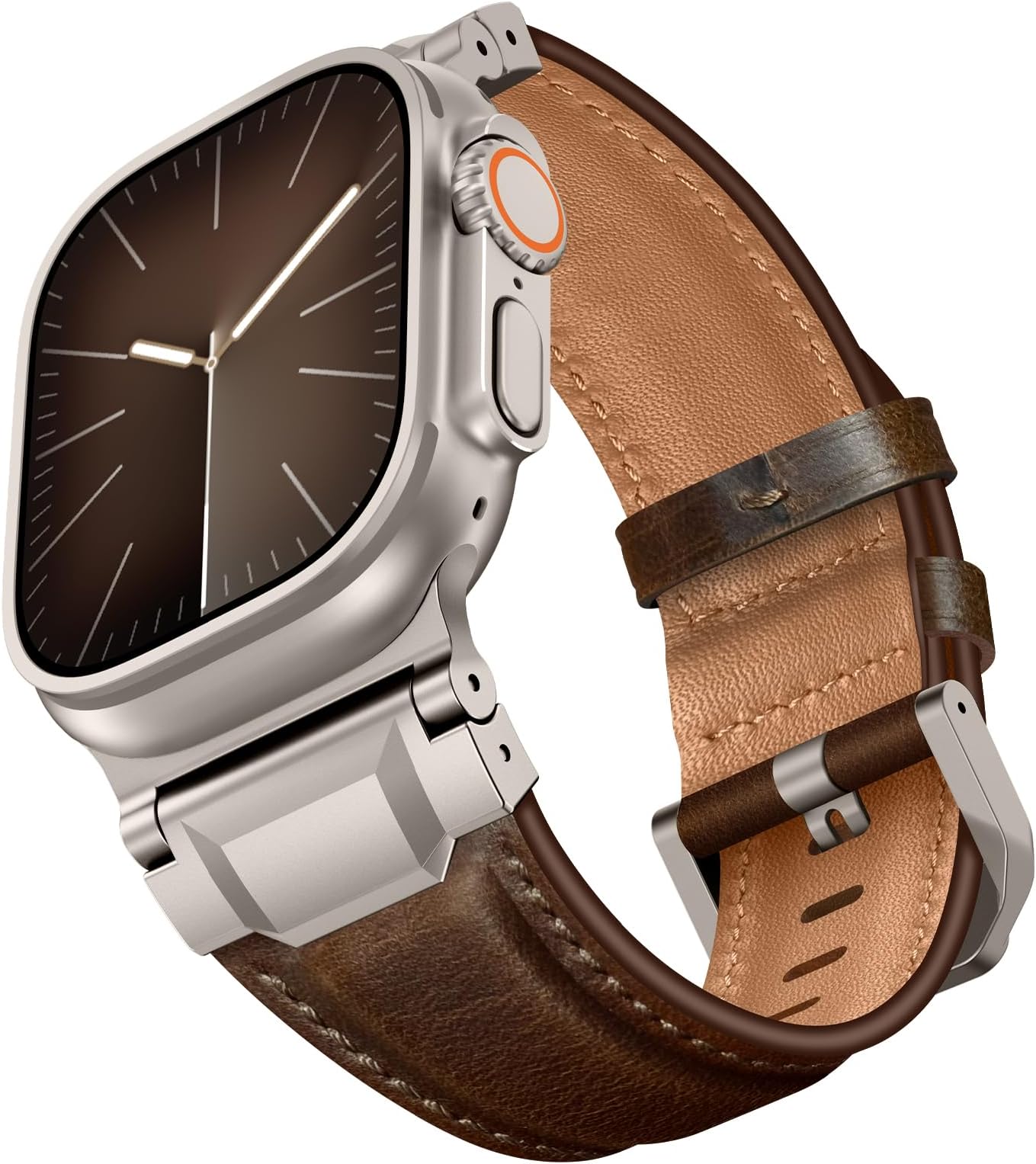 Leather Bands Compatible with Apple Watch Ultra 3/2/1 Band 49mm 46mm 45mm 44mm 42mm Men, Genuine Leather Rugged Metal Connector Strap for iWatch Ultra Series 11/10/9/8/7/SE/6/5/4/3/2/1