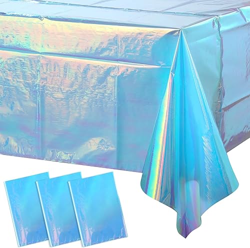 Paquete de 3 manteles de plástico azul iridiscente, manteles rectangulares desechables con láser azul brillante, mantel de aluminio holográfico azul