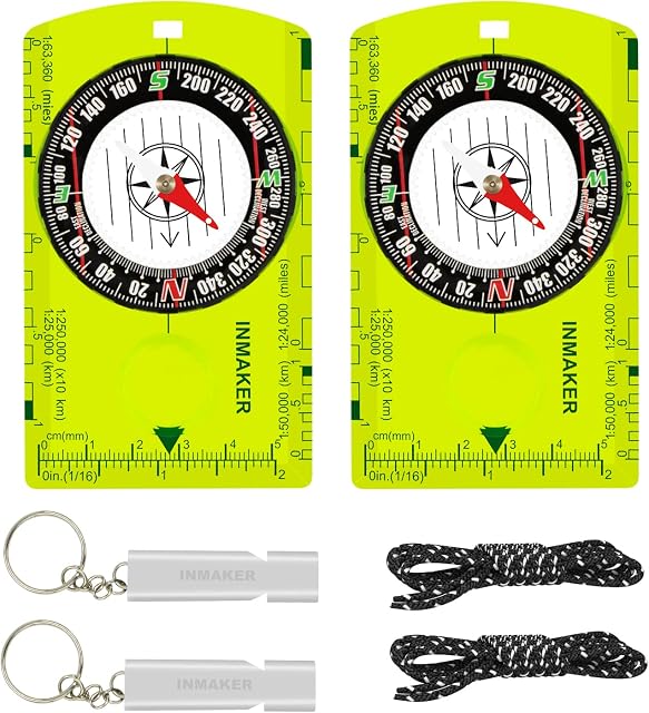 INMAKER Compass 2 Set in 1, Compass Hiking with Reflective Lanyard, Compass for Kids with Survival Whistle, Hiking Compass with Luminous, Kids Compass for Outdoor, Camping and Navigation