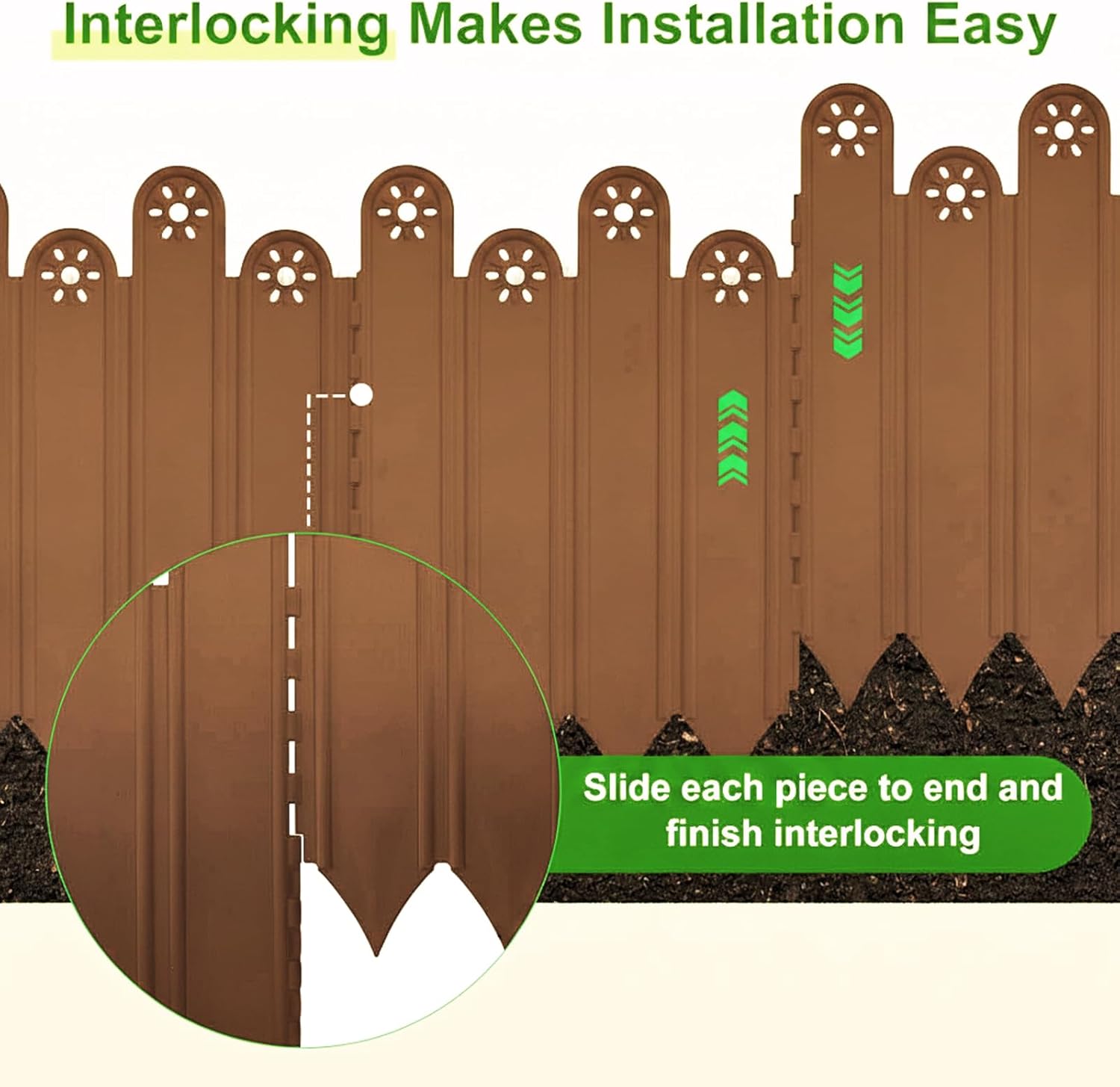 10 Pcs Brown Garden Edging Borders, 11.8 inch Tall Landscaping Edging, Total 7ft Interlock Decorative Garden Fences, Plastic Edging No Dig Lawn Edges Flower Beds Barriers, for DIY Patio Pathway Garden