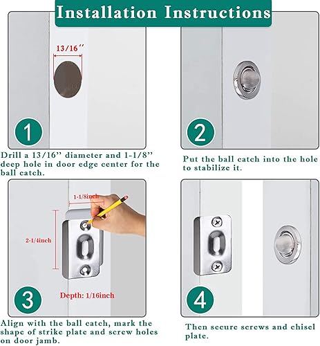 Miniatura 5 de Paquete de 4 unidades de armario de acero inoxidable ajustables con placa de golpeo para puerta de armario, cierres de bola de resorte para entrada,