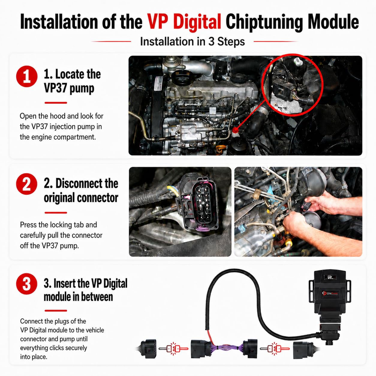 ChipPower Boitier Additionnel VPd pour la voiture Volkswagen Golf Mk3 III 3 1.9 TDI 66 kW 90 CV 1991-2002 Chip Tuning Box Diesel plus de puissance Tuningbox | Jusqu’à 30% de puissance en plus pour VW Diesel VP37 Montage facile sans modification ECU Guide