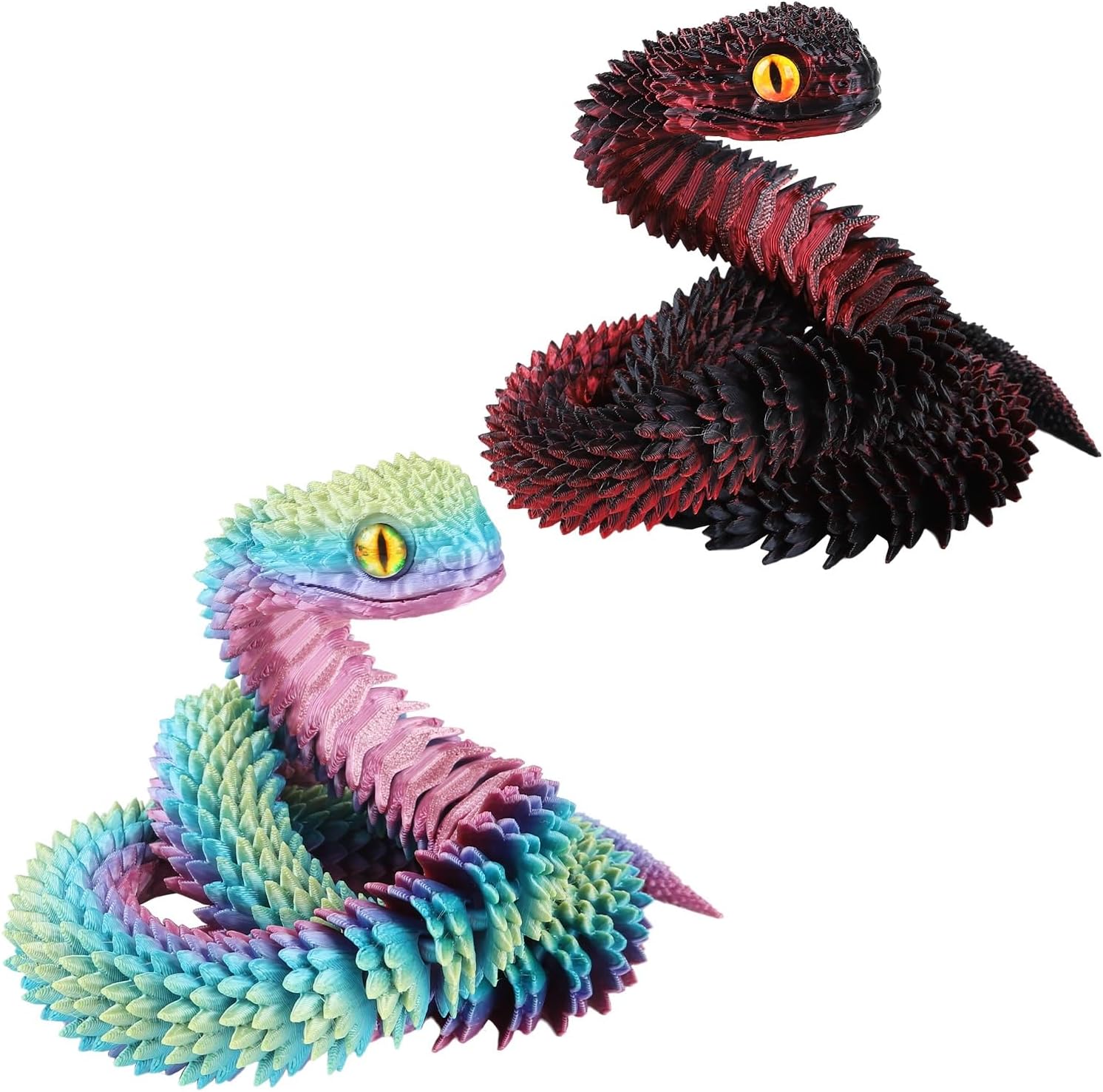 2PCS 24'' 3D Printed Snake,3D Printed Animals,3D Printed Fidget Toys，Articulated Crystal Anaconda，Home Office Executive Desk Decoration Black Red & Rainbow