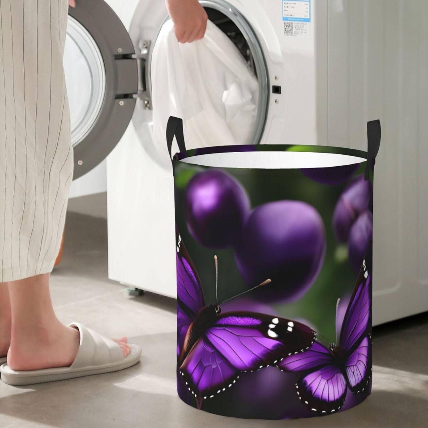 Purple Plum Butterfly Print Circular Protable Storage Bin,Basket For Laundry Hamper With Handles Bedroom Clothes