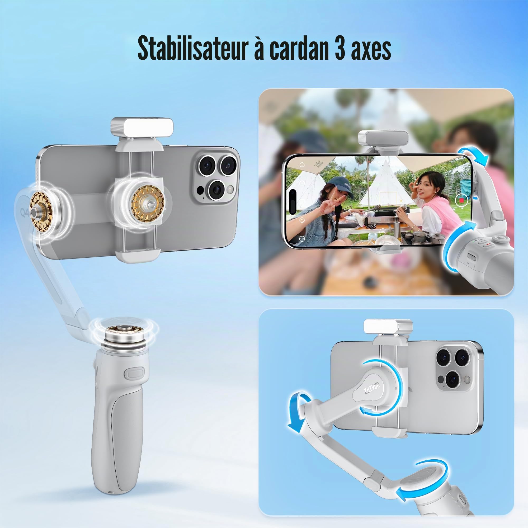 ZHIYUN Smooth Q4 Combo [Official] Stabilisateur Smartphone 3 Axes avec Perche Telescopique, Telephone Gimbal pour iPhone et Android avec Trepied, Sac, Lumiere Magnétique