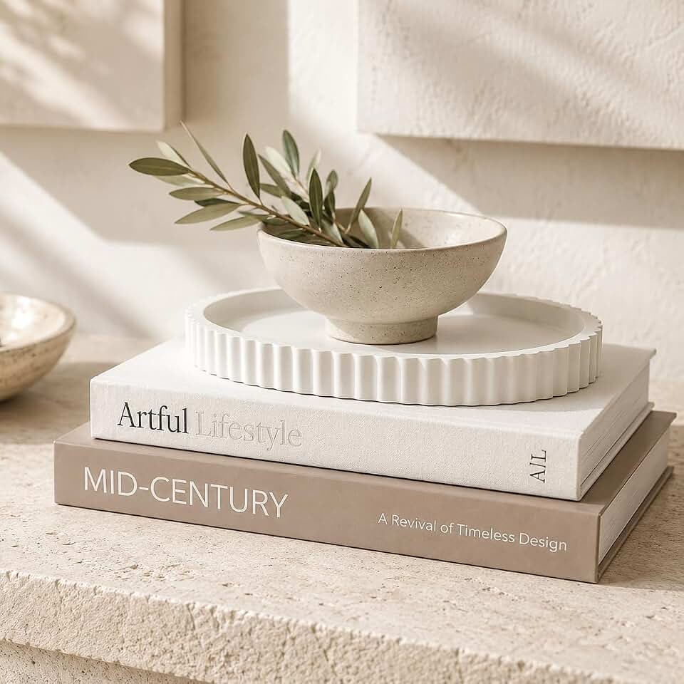 Decorative Books & Scalloped Tray Set - 3-Piece Aesthetic Coffee Table Decor, 2 Faux Books for Hidden Storage & Keepsake, Modern H