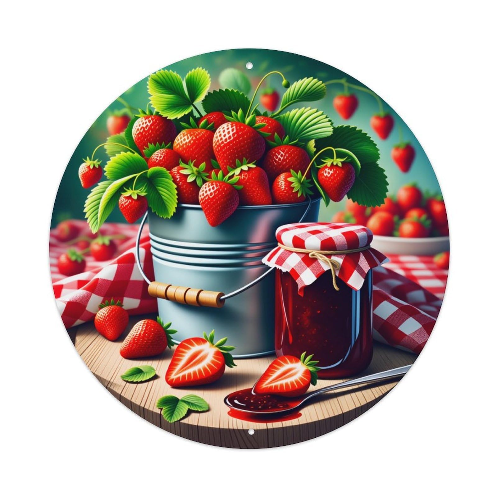 Strawberry Jam Red Checkered Pattern Round Tin Sign Vintage Metal Poster Retro Bar, Home, Man Cave, Kitchen, Laundry Room Wall Art Decor Gift 8x8Inch