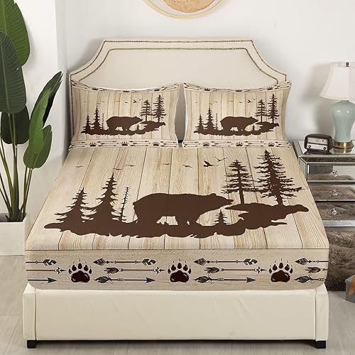 Miniatura 10 de Juego de sábanas bajeras de cabaña retro con diseño rústico de aventuras, oso, ciervo, caza, vida silvestre, animales salvajes, juego de cama a